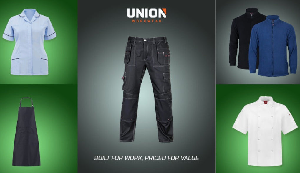 Collection of work attire including shirts, pants, and an apron with 'Union' branding on a dark background.