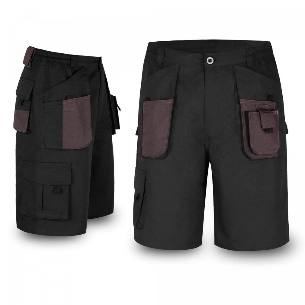 Black cargo shorts with multiple pockets on a white background