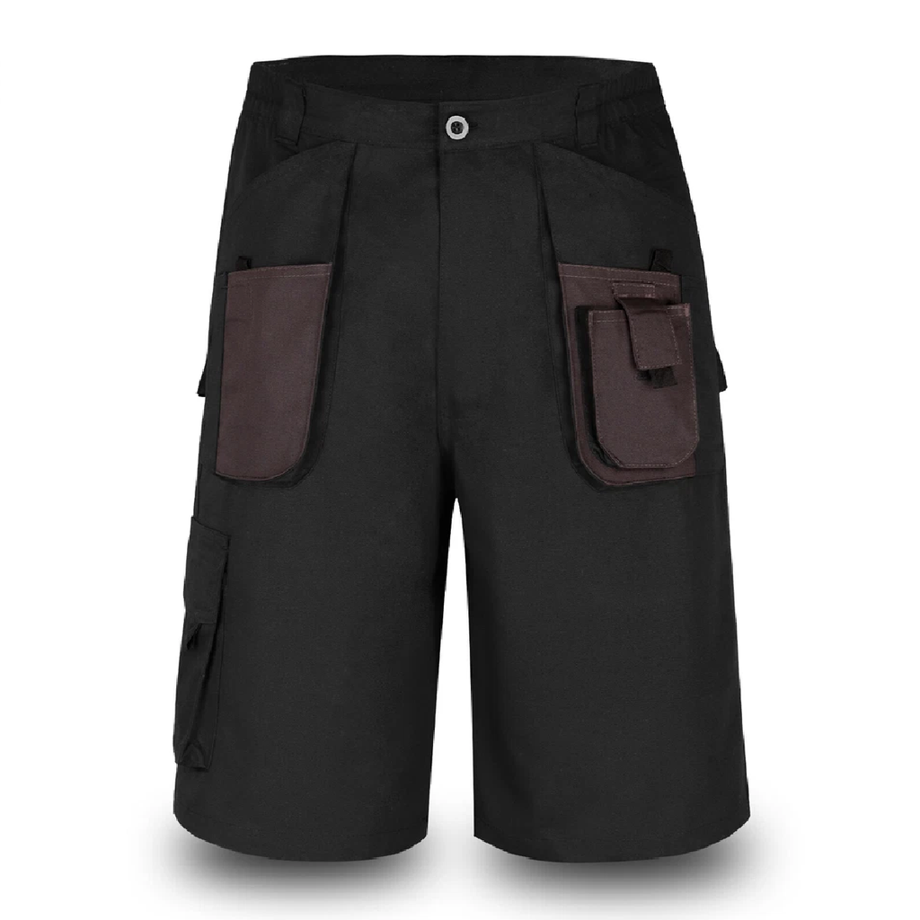 Black shorts with brown pockets on a white background