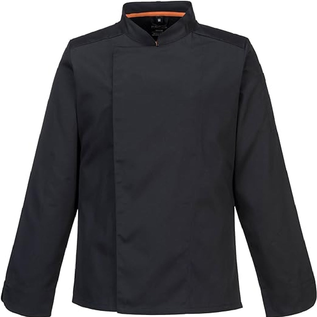 Black hidden button full sleeve chef's coat on a white background