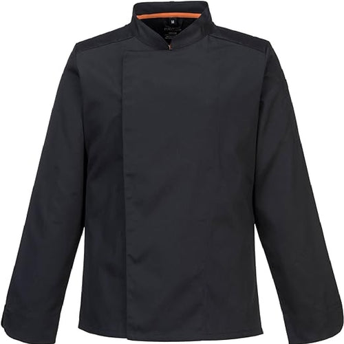 Black hidden button full sleeve chef's coat on a white background