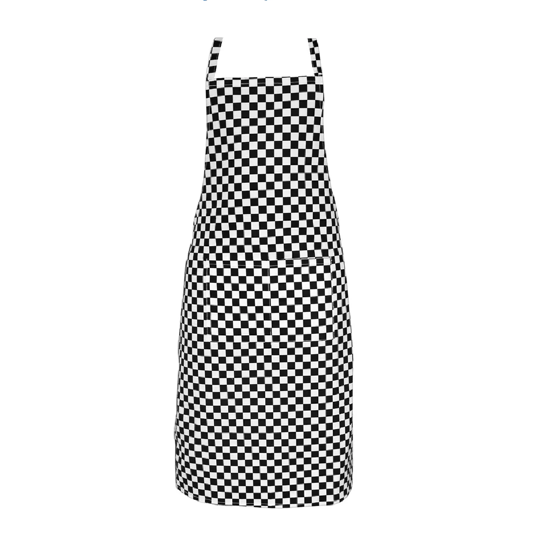 Black and white chessboard print apron on a white background