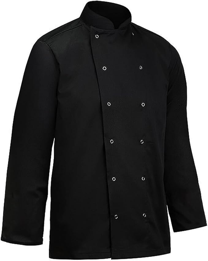 Visible button long sleeve black chef jacket full view