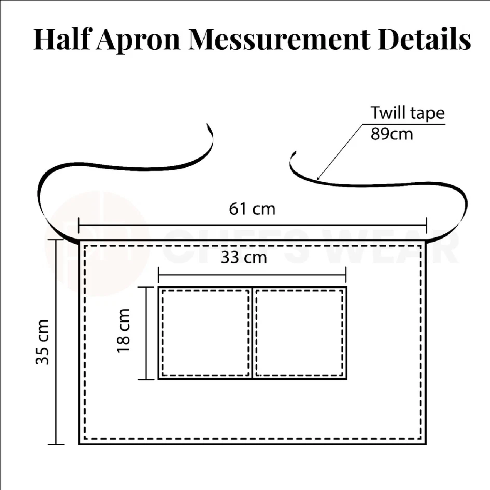 Measurement details of a half apron with dimensions labeled.